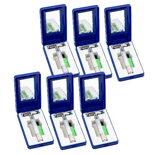 (6) Morris Flamingo Classic Double Edge Stainless Steel Butterfly Style Safety Razor with 2 Blades & Travel Case w/Mirror