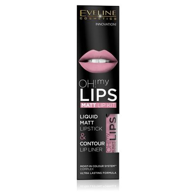 Eveline Cosmetics Lip Color Set - Matt Lipstick & Contour Lip Liner (Oh! my LIPS, 06 Cashmere Rose, Long-lasting, Hydrating, Full Coverage)
