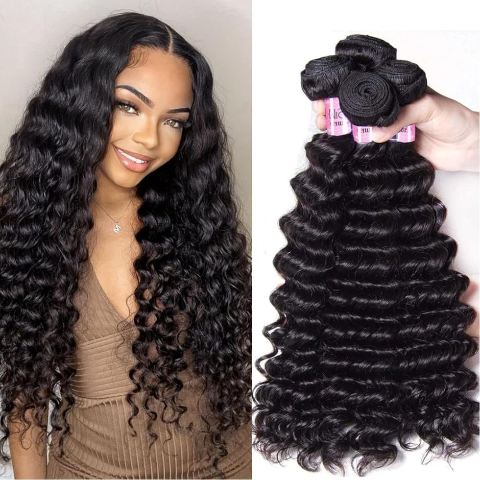 UNICE Deep Wave Human Hair 3 Bundles 12 14 14 inch Unprocessed Brazilian Raw Virgin Hair Quick Weave Extensions for Sew in Natural Color