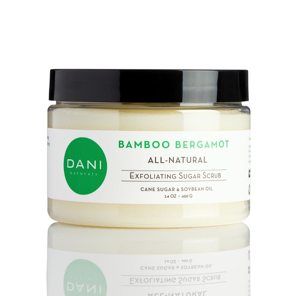 DANI Naturals Sugar Scrub - Exfoliating Bamboo Bergamot Organic cane sugar and shea butter gently exfoliate and nourish skin, leaving it smooth, refreshed, and hydrated 14 oz