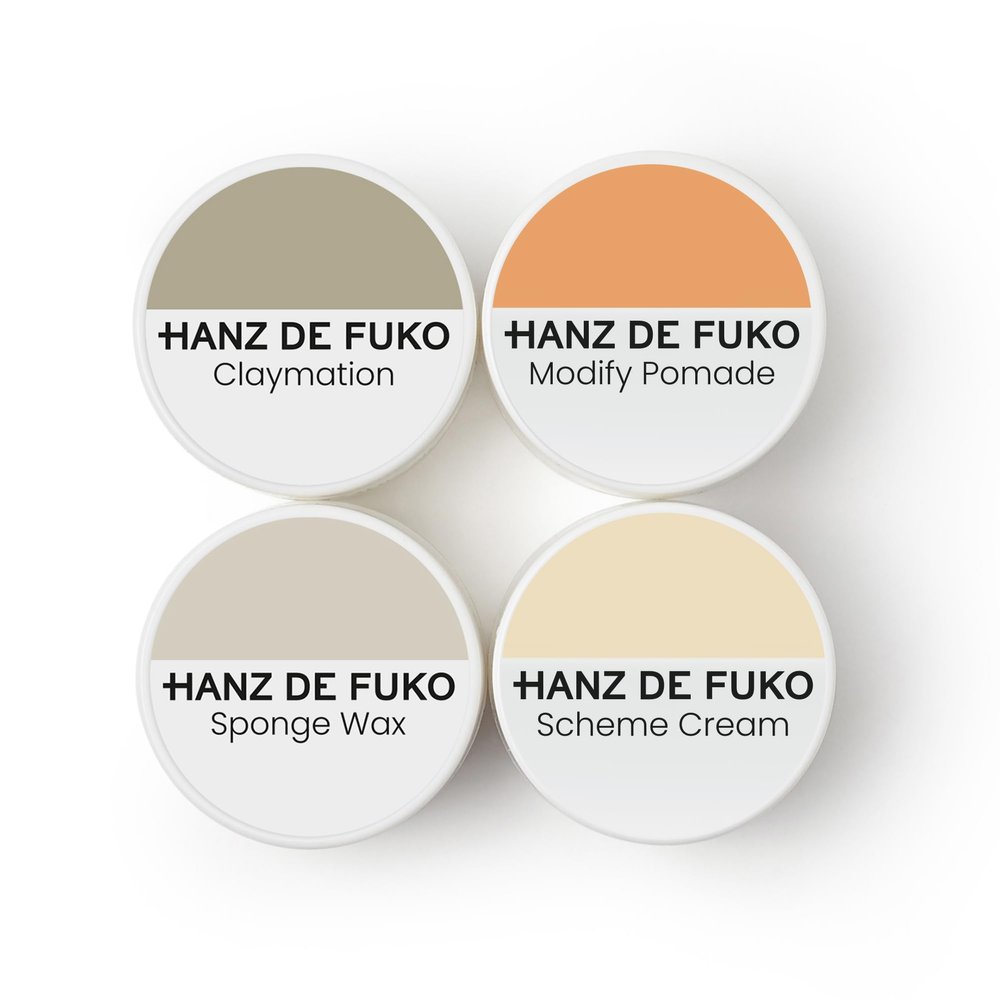 Hanz de Fuko Deluxe Hair Care Kit  Super Styling Sampler Featuring Claymation, Sponge Wax, Modify Pomade, Scheme Cream  Ideal Texture Products for All Hair Types  4 pack, Travel Size (0.25 oz Each)