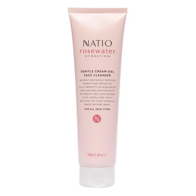 Natio Australia Rosewater Hydration Gentle Cream-Gel Face Cleanser, 3.3 oz - Facial Cleanser with Rosewater - Travel Size Face Wash for All Skin Types
