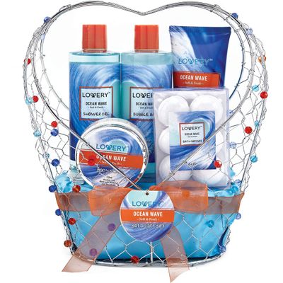 Birthday Gifts for Her, Home Spa Gift Baskets For Women - Bath and Body Gift Basket For Men Ocean Wave Home Spa Set - Fragrant Lotions, Bath Bombs & More - 11pc in Jeweled Heart Candy Holder