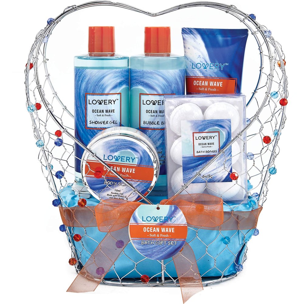 Birthday Gifts for Her, Home Spa Gift Baskets For Women - Bath and Body Gift Basket For Men  Ocean Wave Home Spa Set - Fragrant Lotions, Bath Bombs & More - 11pc in Jeweled Heart Candy Holder