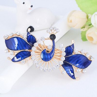 Womens Women Hair Ornaments Hairpin Accessories Enamel Crystal Rhinestone Peacock Hair Clip Barrettes Blue