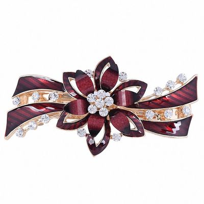 Womens Unique Design Clear Enamel Flower Hair Accessories Hairpin Clips Crystal Rhinestone Women Barrettes Red