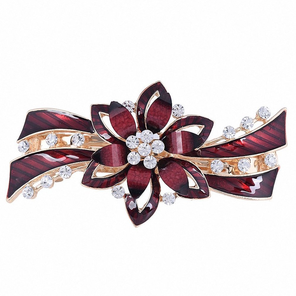 Womens Unique Design Clear Enamel Flower Hair Accessories Hairpin Clips Crystal Rhinestone Women Barrettes Red