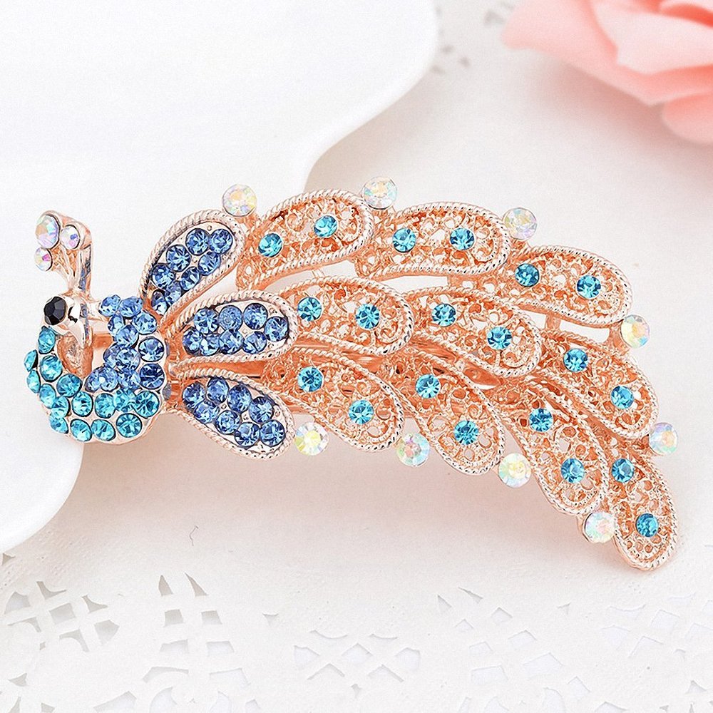 Womens Shiny Peacock Barrettes Headwaer Accessories Jewelry Gift Gold Crystal Peacock Hairpins for Women blue