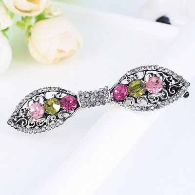 Womens Antique Silver Metal Hairwear Hair Accessories Vintage Bowknot Hairpin Clips Big Crystal Rhinestone Headwear Ornaments Multicolor