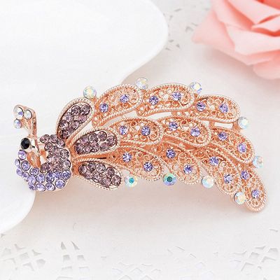 Womens Shiny Peacock Barrettes Headwaer Accessories Jewelry Gift Gold Crystal Peacock Hairpins for Women Purple