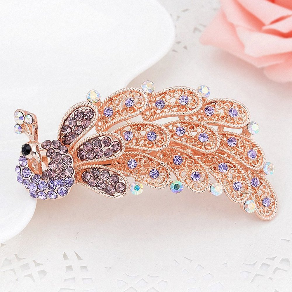 Womens Shiny Peacock Barrettes Headwaer Accessories Jewelry Gift Gold Crystal Peacock Hairpins for Women Purple