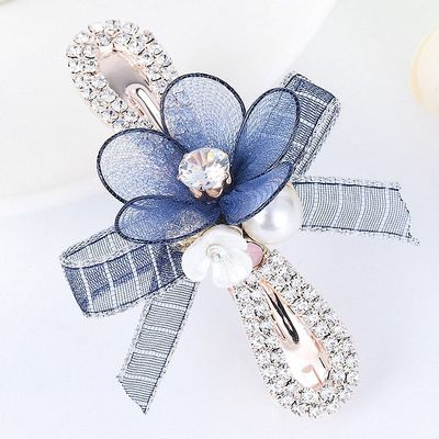 Womens Flower Barrettes Hair Accessories Jewelry Metal Sparkling Crystal Hairpin Ribbon Bowknot Wedding Hair Clips Blue