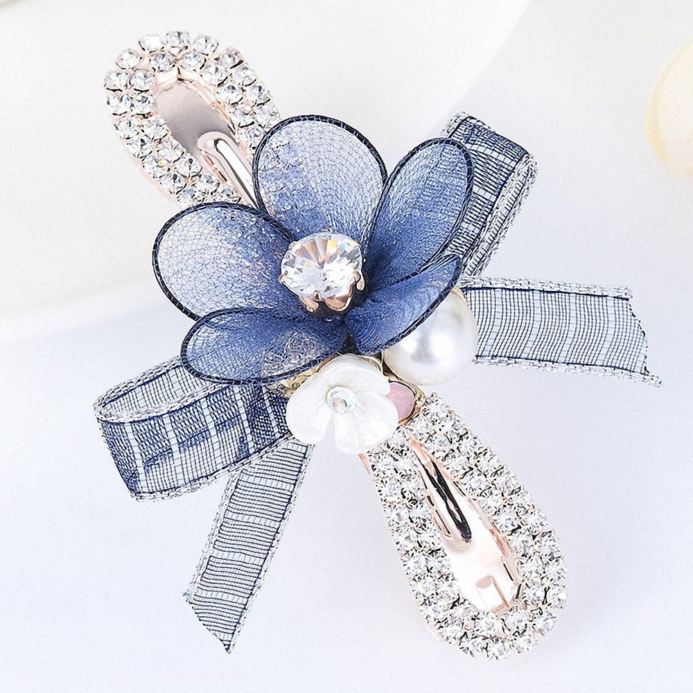Womens Flower Barrettes Hair Accessories Jewelry Metal Sparkling Crystal Hairpin Ribbon Bowknot Wedding Hair Clips Blue