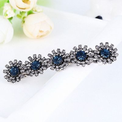 Womens Retro Metal Barrettes Hairpin Clips for Women Big Rhinestone Crystal Sunflower Hair Ornaments Hairwear Blue Gray