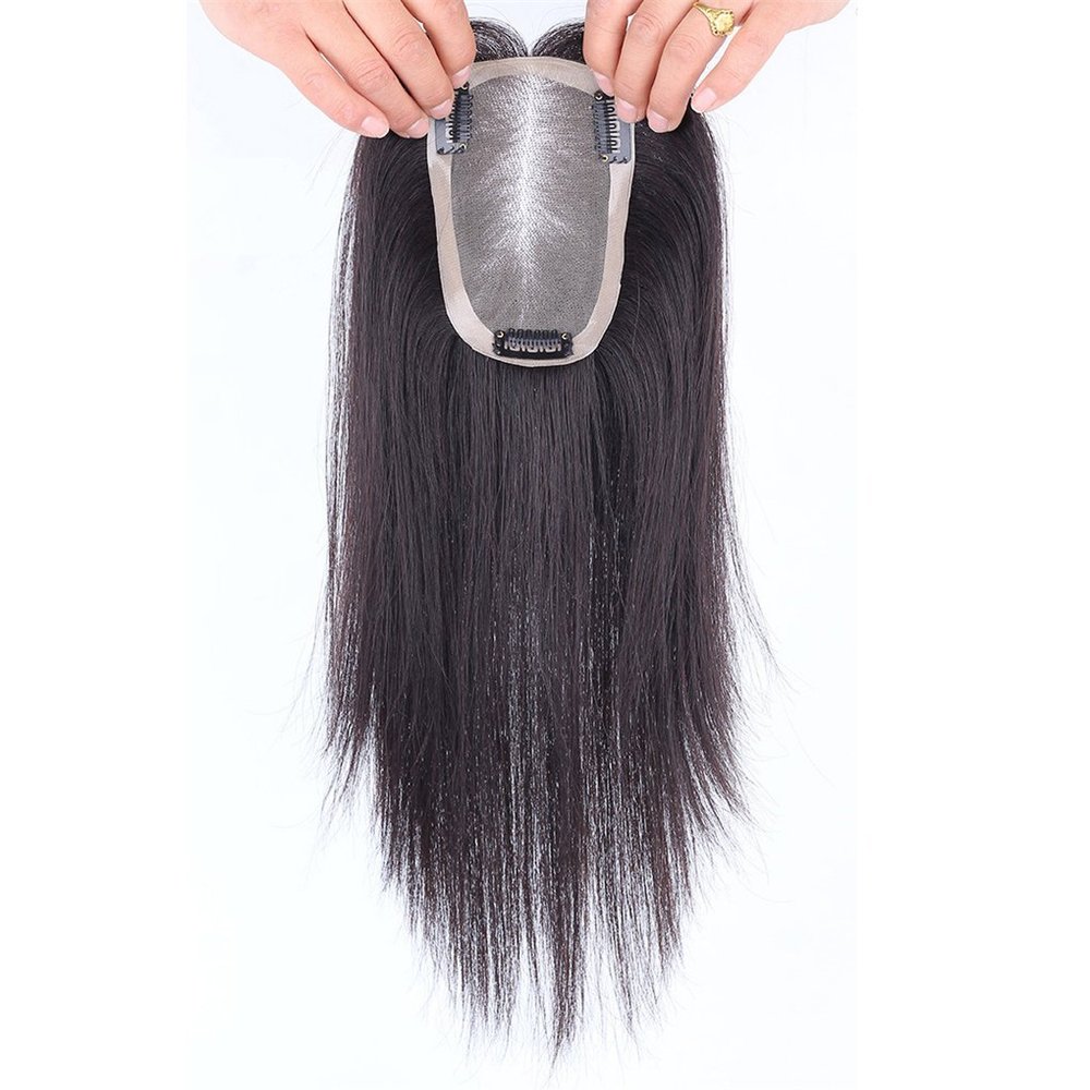 100% Real Human Hair Toppers Hand Tied Clip in Mono Wiglet Top Hairpieces Wiglet for Women, 12" Dark Brown