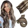Hair Extensions Clip in Human Hair, Dark Brown with Blonde Highlights Straight Human Hair Extensions Clip in Hair, 7pcs Double Weft 70G Grade 9A Clip-in Hair Remy Extensions 20Inch for Women view 1