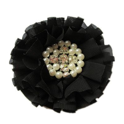 YYCRAFT 5 Pcs 3.5" Handmade Chiffon Flowers with Rhinestones and Pearls for Bridal Hair Accessory DIY Headband Craft Wedding Party Decoration(Black)