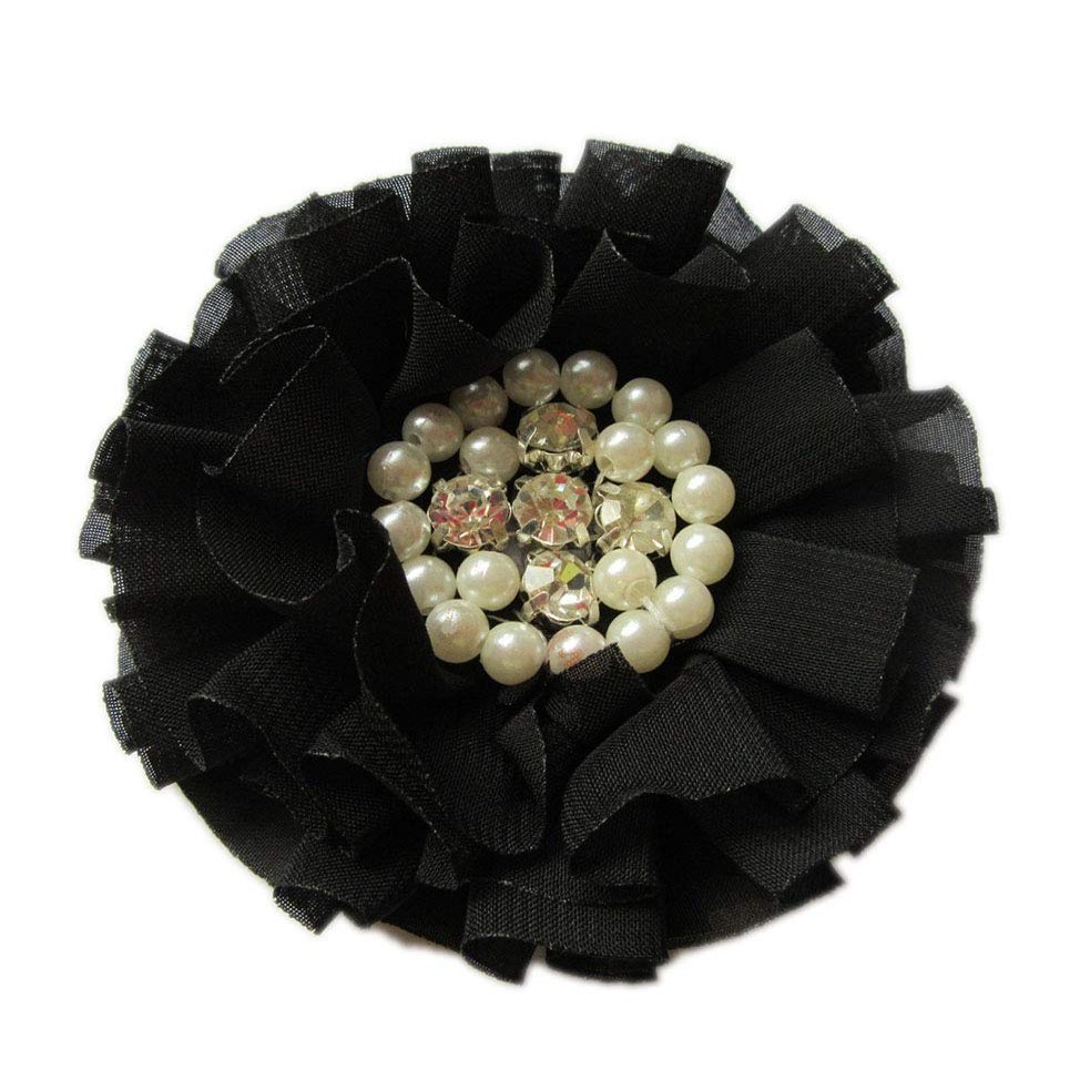 YYCRAFT 5 Pcs 3.5" Handmade Chiffon Flowers with Rhinestones and Pearls for Bridal Hair Accessory DIY Headband Craft Wedding Party Decoration(Black)