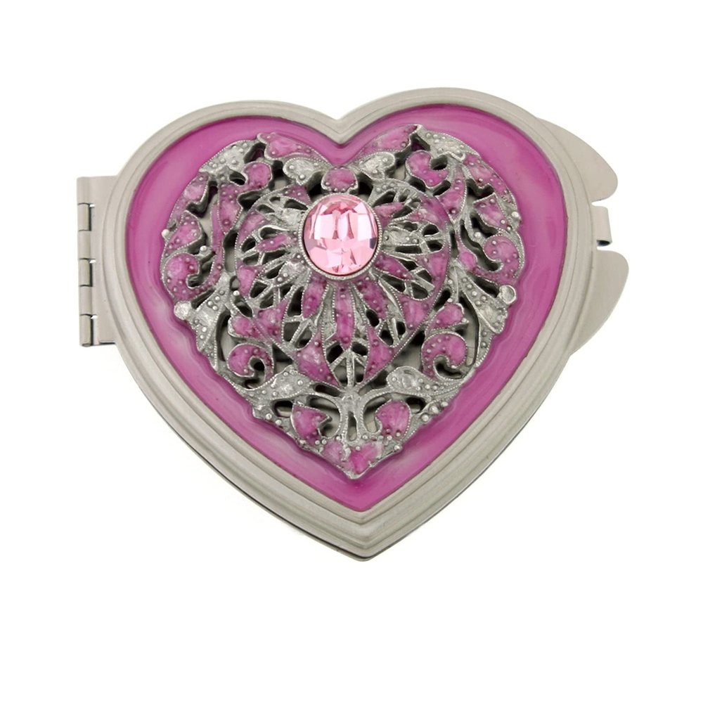 1928 Jewelry Enamel and Crystal Heart Mirror Compact