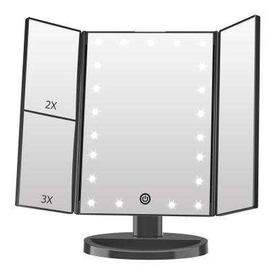 FASCINATE Lighted Makeup Mirror, 21 Bright LED Lights, 3x/2x/1x Magnifying Trifold LED Vanity Mirror, Touch Control Dimmable Brightness,180 Rotaion