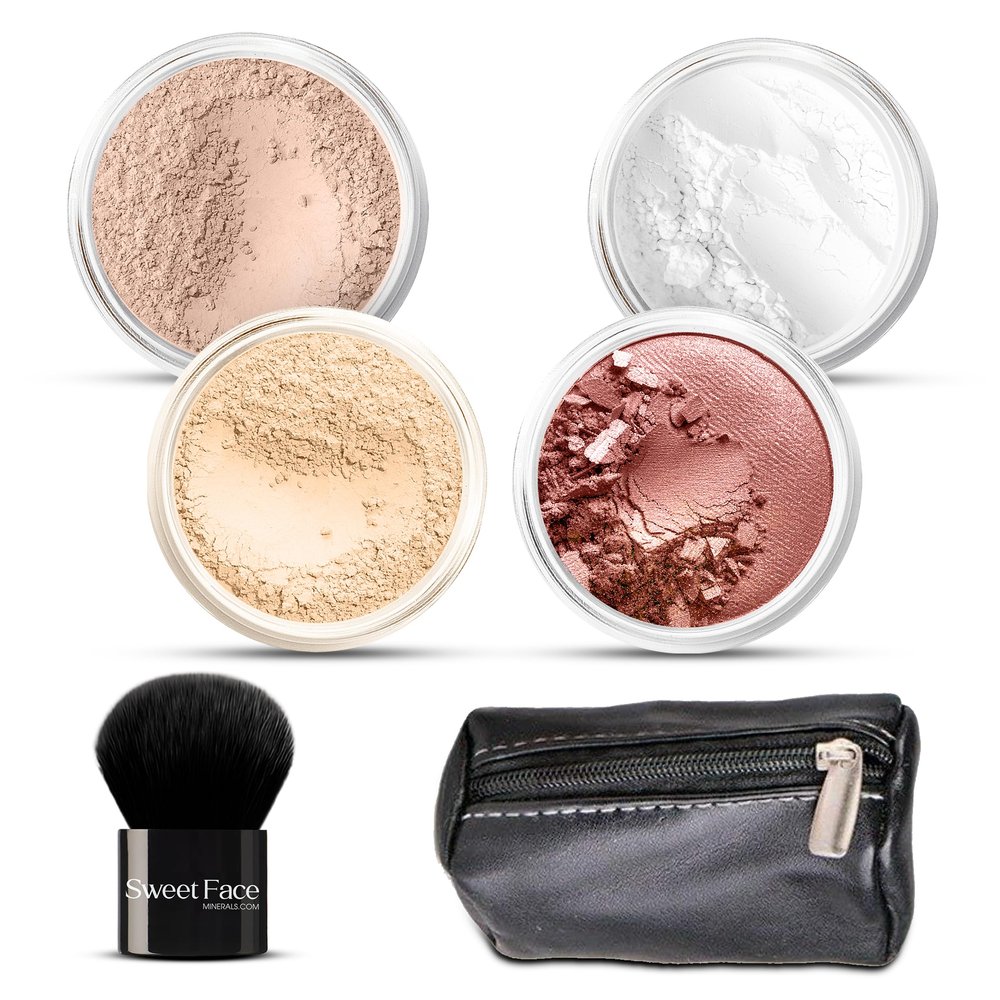 6pc FULL SIZE KIT KABUKI & KABAGGIE Tote Mineral Makeup Set Matte Foundation Bare Face Sheer Powder Cover (Light)