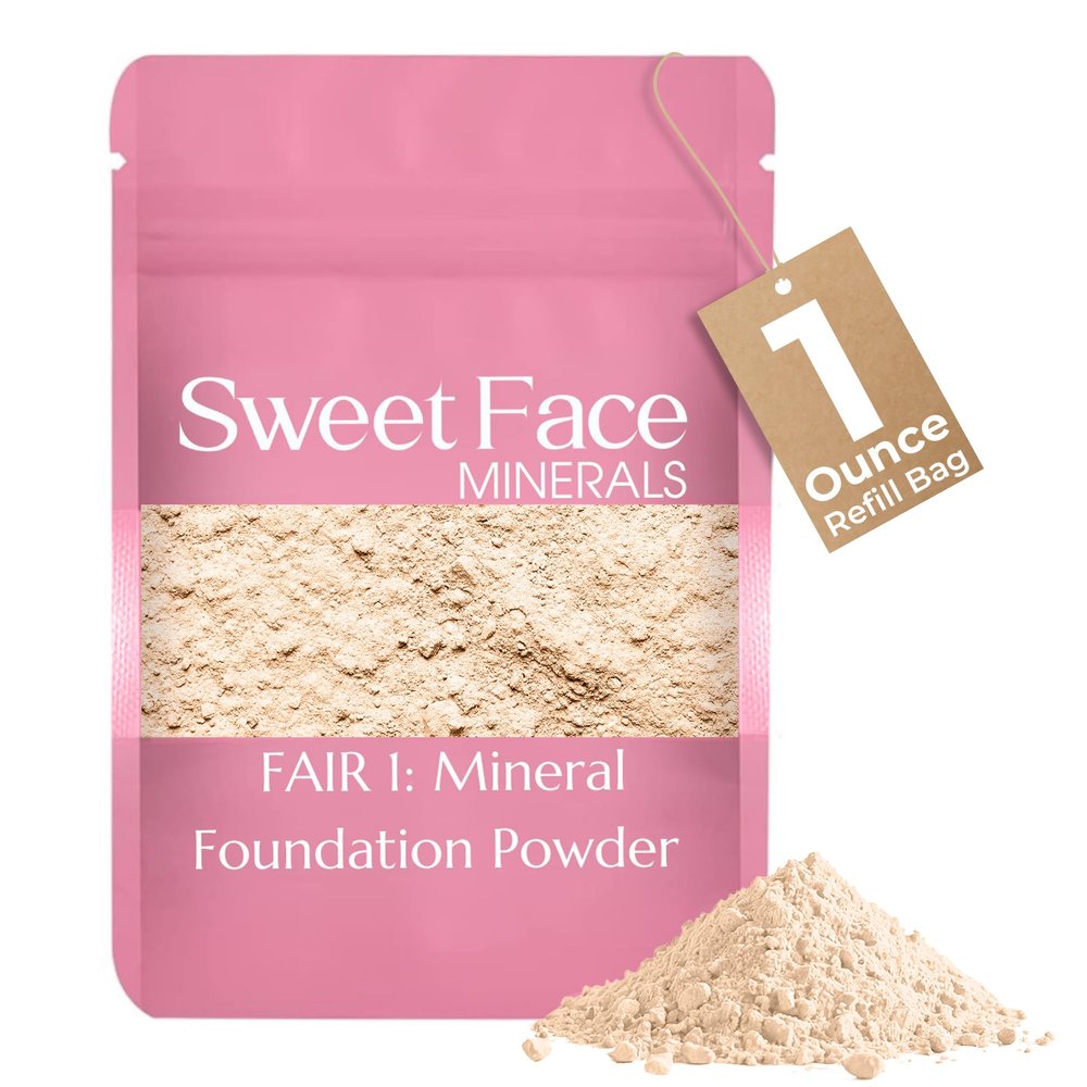 1 Ounce Fair Shade 1 Foundation Powder Refill By Sweet Face Minerals, Lightweight Mineral Loose Makeup Powder with SPF 20, Full Coverage Flawless Finish, Talc-free, Cruelty-Free, Refill Pouch