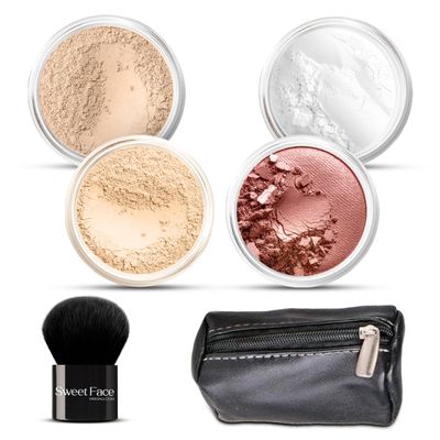 6pc FULL SIZE KIT KABUKI & KABAGGIE Tote Mineral Makeup Set Matte Foundation Bare Face Sheer Powder Cover (Fair 2)