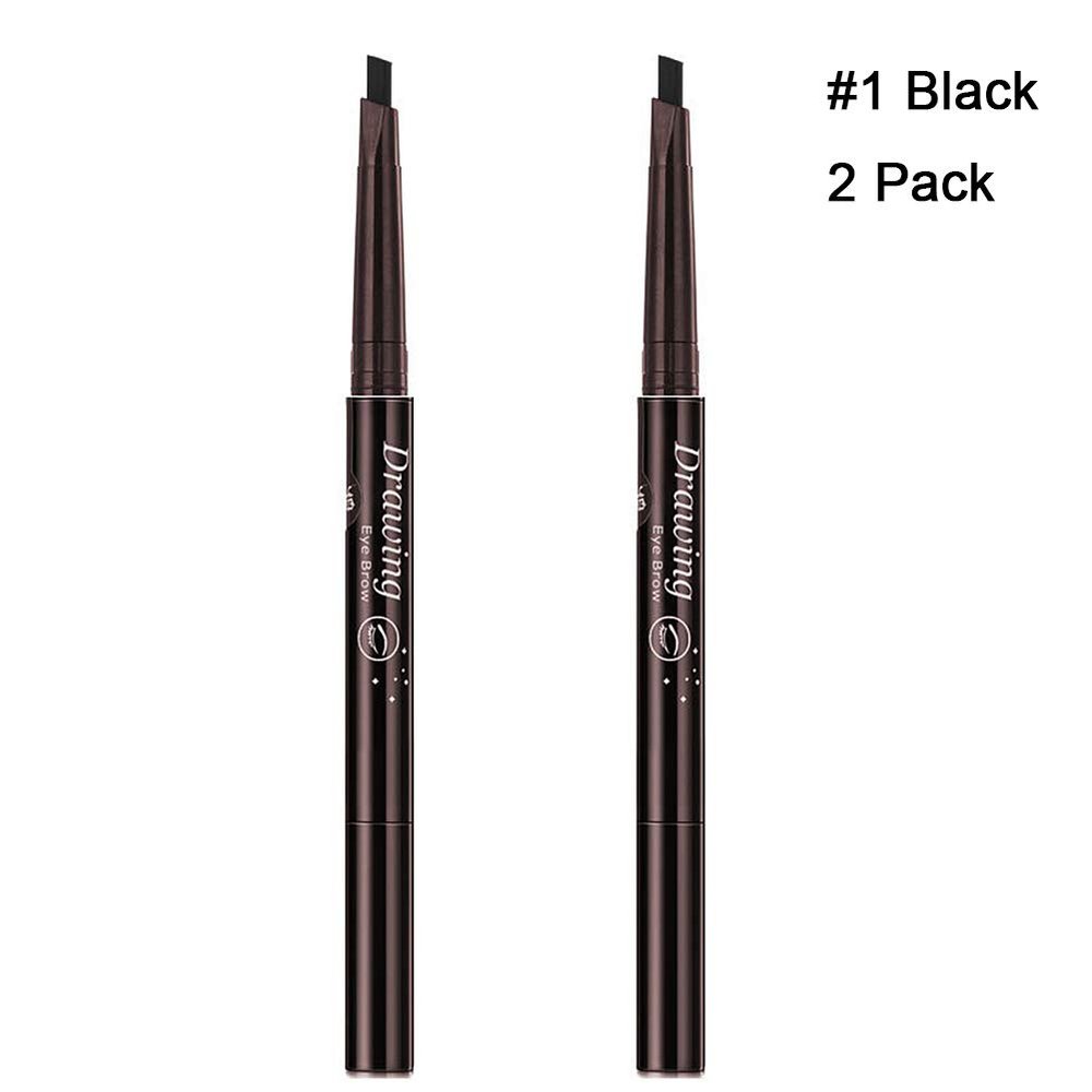 Magik 2 Pack Waterproof Eyebrow Pencil Retractable Slant Tip & Brush Double-ends Natural Hair-like Look (#1 Black)
