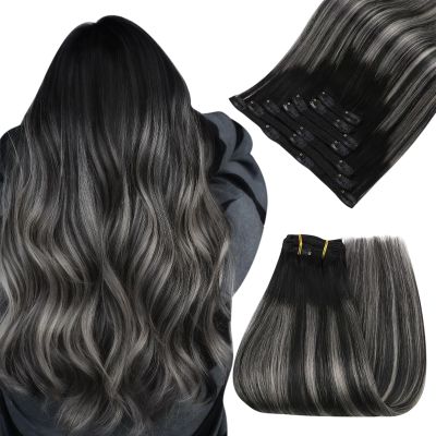 Easyouth Clip in Hair Extensions Ombre Remy Hair Extensions Clip ins Blend of Black and Silver with Black Roots Lightweight Clips on Extension Human Hair 14 Inch 80G 7Pcs