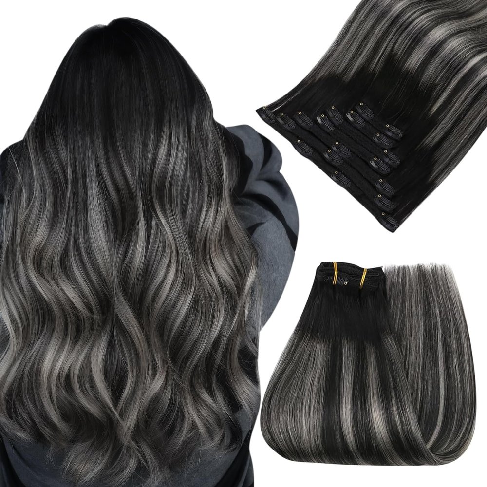 Easyouth Clip in Hair Extensions Ombre Remy Hair Extensions Clip ins Blend of Black and Silver with Black Roots Lightweight Clips on Extension Human Hair 14 Inch 80G 7Pcs