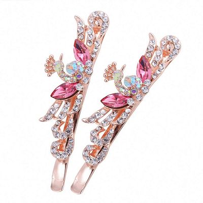 Womens One Pair Peacock Hairpin Hair Jewelry Crystal Rhinestone Hair Clips Hair Accessories for Women Pink