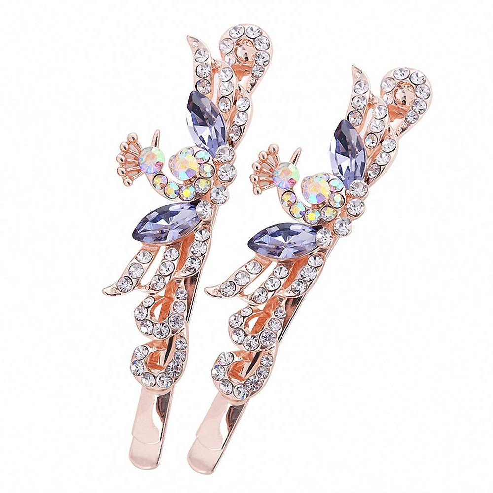 Womens One Pair Peacock Hairpin Hair Jewelry Crystal Rhinestone Hair Clips Hair Accessories for Women Purple