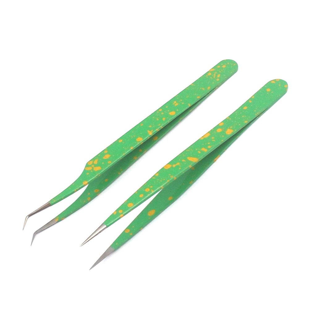 2 Pieces Straight and Curved Tip Tweezers Nipper for Eyelash Extensions, Green & Yellow Stainless Steel False Lash Application Tools By G.S Online Store