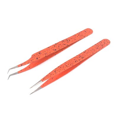2 Pieces Straight and Curved Tip Tweezers Nipper for Eyelash Extensions, Orange & Black Stainless Steel False Lash Application Tools By G.S ONLINE STORE