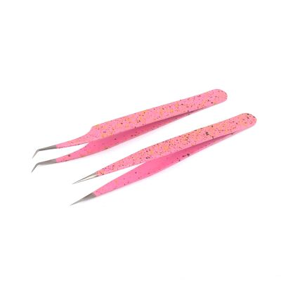 2 Pieces Straight and Curved Tip Tweezers Nipper for Eyelash Extensions, Pink & Black Stainless Steel False Lash Application Tools By G.S Online Store