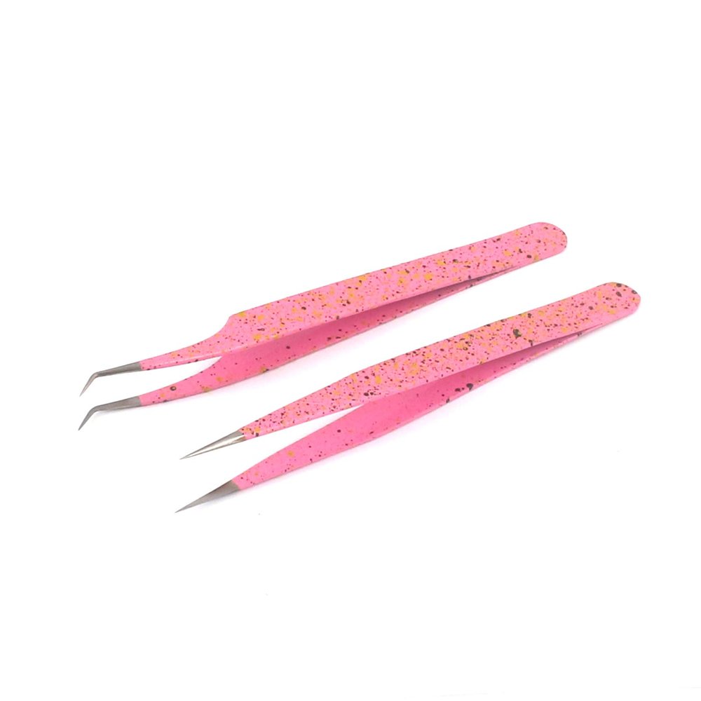 2 Pieces Straight and Curved Tip Tweezers Nipper for Eyelash Extensions, Pink & Black Stainless Steel False Lash Application Tools By G.S Online Store