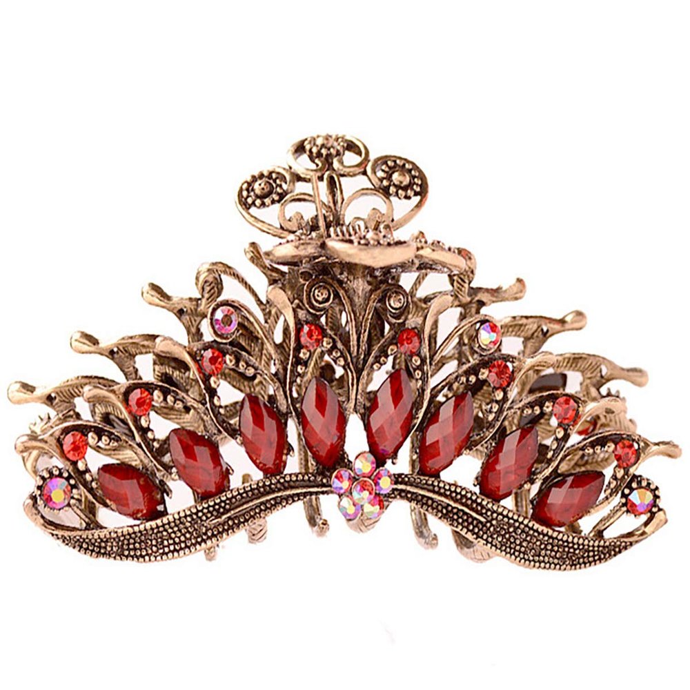 Women Lady Retro Flowers Hair Claw Clip Large Hair Updo Grip Bath Accessories for Thick Hair Vintage Alloy Rhinestone Non-Slip Hair Jaw Clips Hairpin Fancy Hair Barrette Clamp (Red)