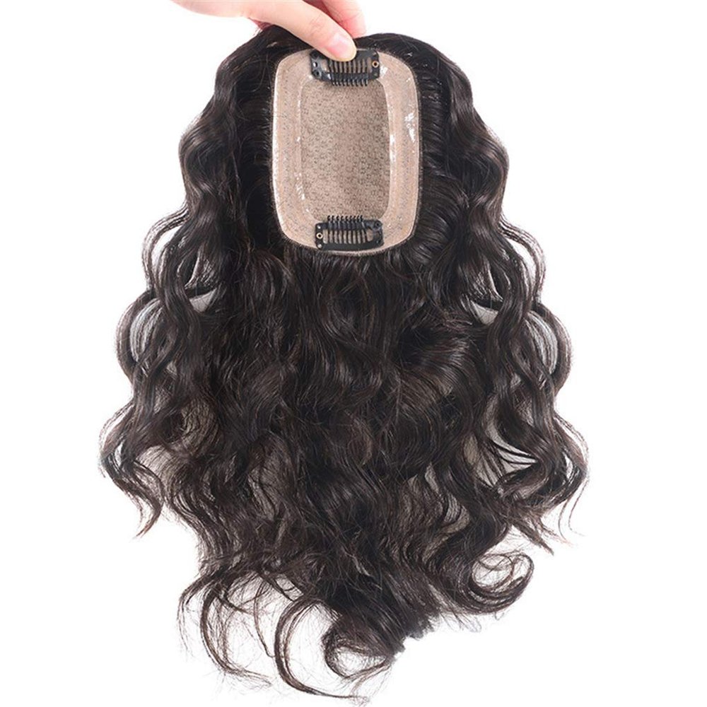100% Real Human Hair Topper, Susanki 2.8"x 3.9" Silk Base Clip in Wavy Curly Wiglet Hairpieces for Women (7.9" Black)