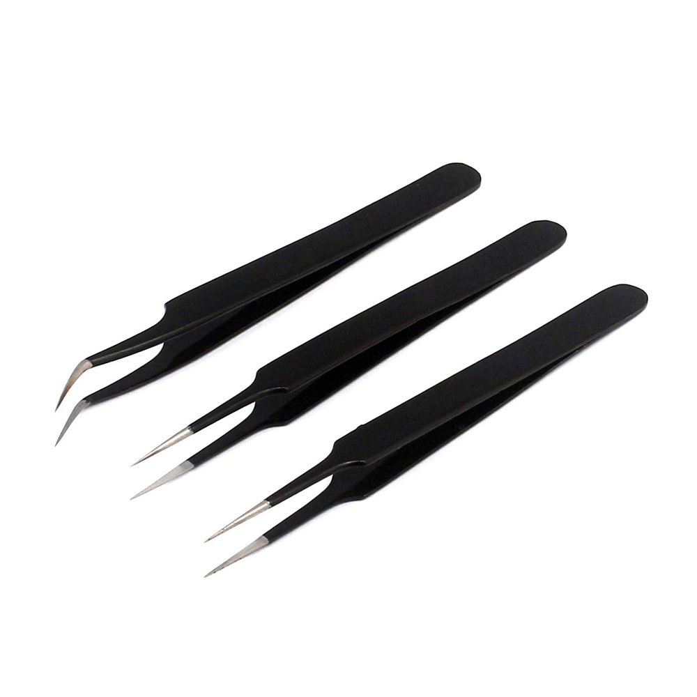 3pcs of Fine tip Curved + Straight and Round Anti-Static Tweezers Set By G.S Online Store
