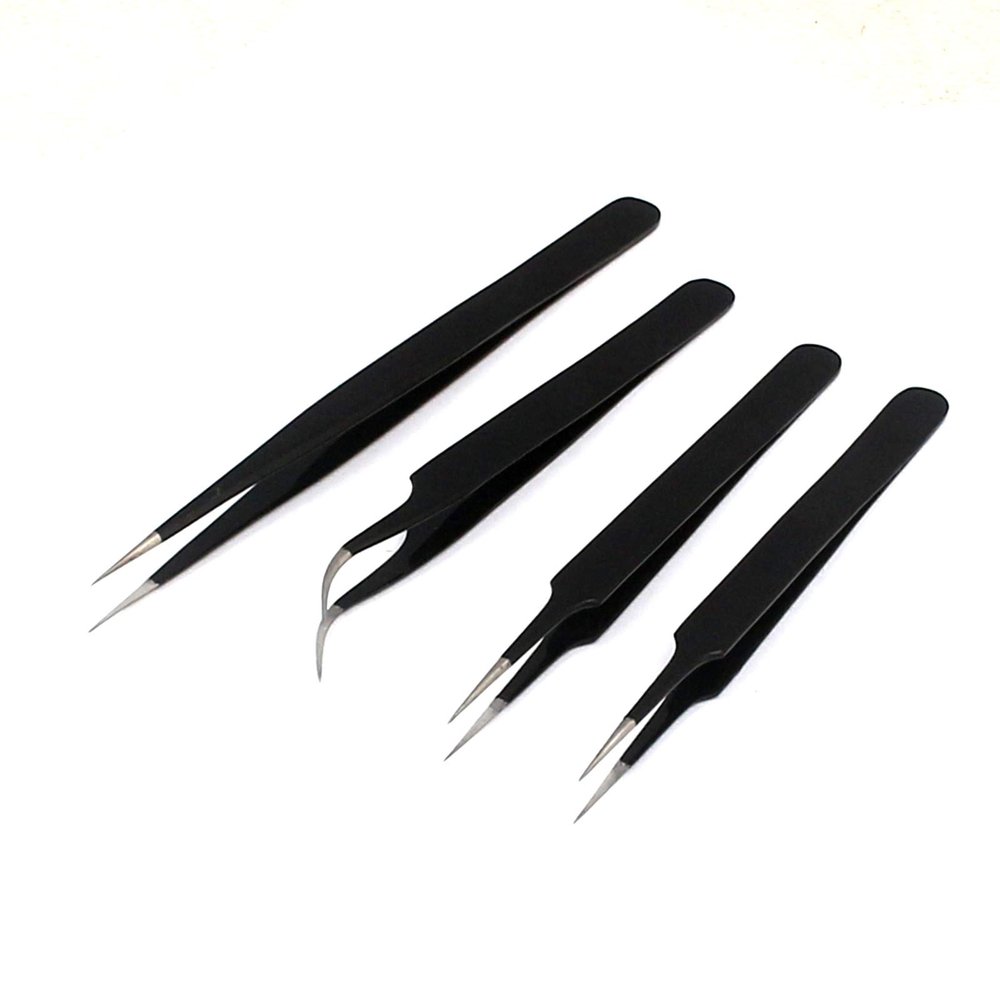 4 Pcs ESD Stainless Steel Tweezers for Eyelash Extension,Electronics, Jewelry-Making - Straight and Curved Tip Tweezers - Black Color By G.S Online Store
