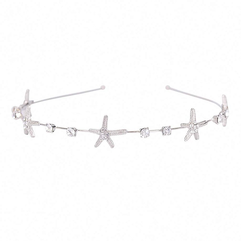 Womens Simple Hairband Hair Jewelry Rhinestone Starfish Headband for Women Elegant Hairwear Hair Accessories Silver Plated