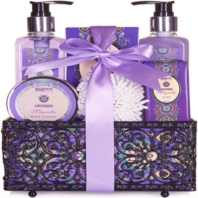 BRUBAKER Cosmetics Home Spa Gift Basket - Lavender & Magnolia Scent - 7 Pcs Luxury Bath & Body Gift Set for Women and Men