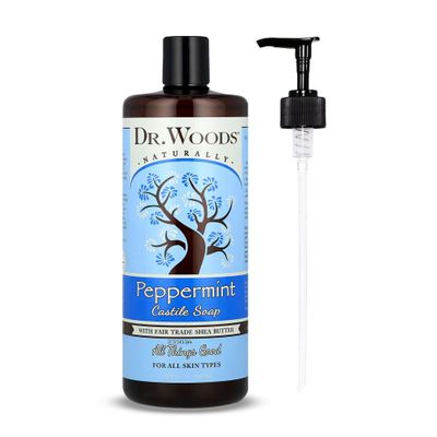 Dr. Woods Peppermint Liquid Castile Soap with Pump - Castile Soap with Pure Peppermint Oil, Body Wash for Men and Women, Organic Shea Butter, Natural Cleaner for Face, Hands, and Body - 32 Fl Oz