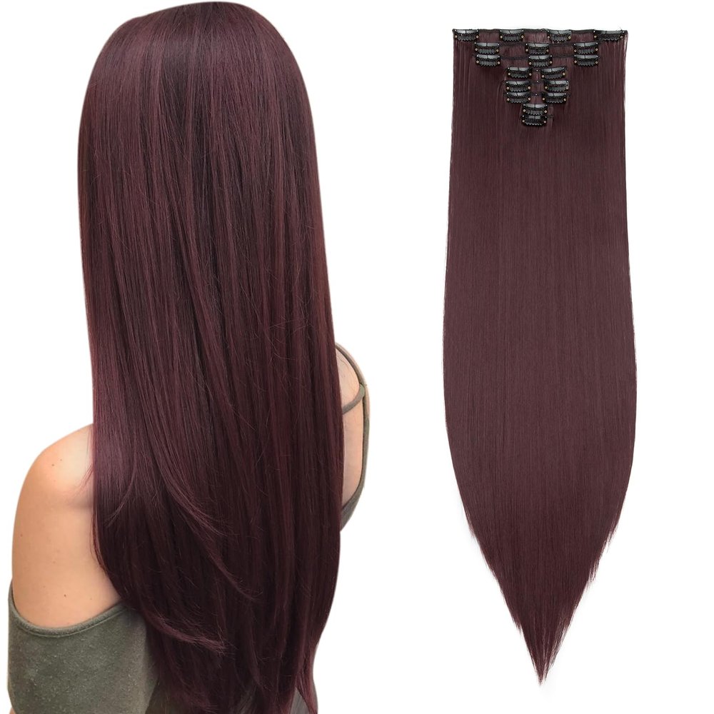 Benehair Clip in Hair Extensions 8PCS 26inch Long Straight Synthetic Hairpieces Wine Red Hair Extensions Double Weft Hairpieces for Women Full Head Cosplay Party Wedding Hairpiece