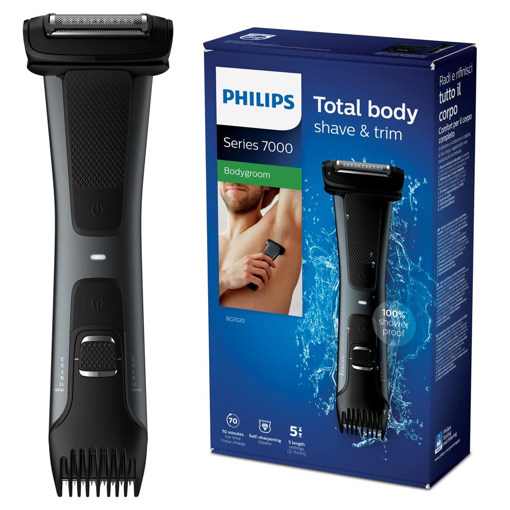 Philips Bodygroom 7000 Trimmer & Shaver Showerproof Groin and Body Trimmer Men's Epilator Precise Body Grooming, Adjustable Comb for Above and Below The Belt