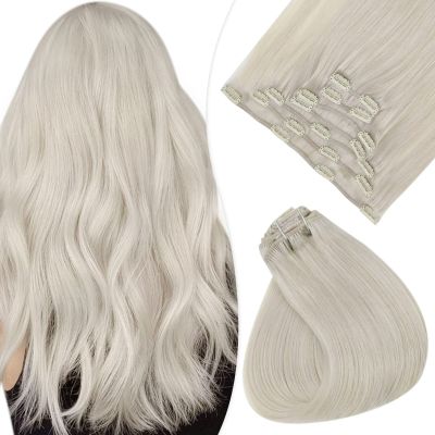 18 Inch Clip in Hair Extensions Platinum Blonde White Blonde Human Hair Extensions Natural Soft Straight Fine Hair Extensions 100g 7Pieces/Pack