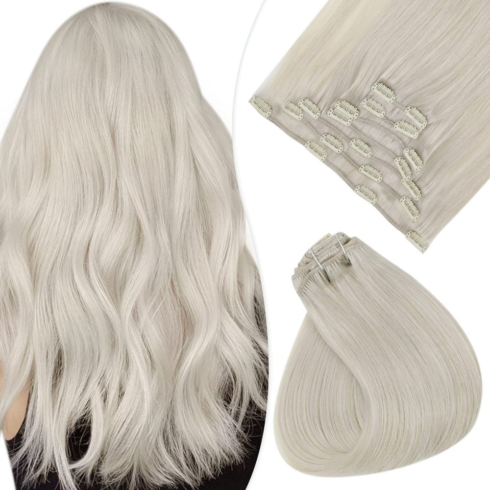 18 Inch Clip in Hair Extensions Platinum Blonde White Blonde Human Hair Extensions Natural Soft Straight Fine Hair Extensions 100g 7Pieces/Pack