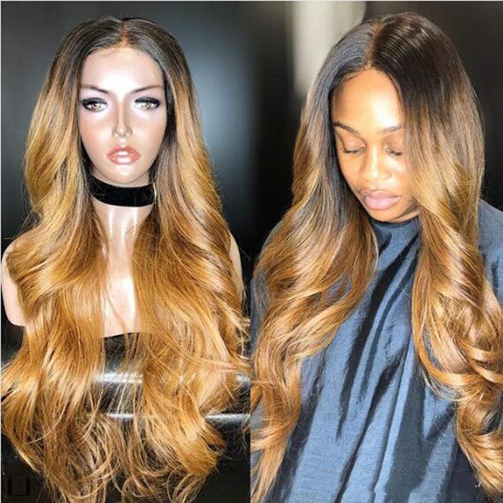 130 Density #1BT27 Two Tone Ombre Human Hair Wigs for Women Glueless Body Wavy Lace Front Wigs Virgin Hair With Baby Hair (20")