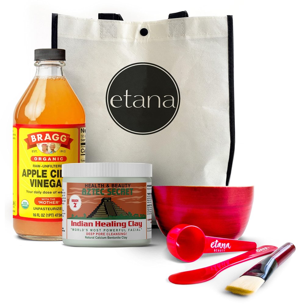 Aztec Secret Aztec Clay Premium Mask Set by Etana Beauty All-In-One Kit Includes 1lb Indian Healing Clay, 16oz Bragg's Apple Cider Vinegar, Natural Bamboo Bowl, Stir, Scoop, Brush & Tote
