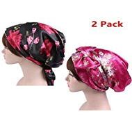 2 Pack Soft Satin Bonnet with Long Drawstring, Cancer Chemo Hair Loss Sleeping Night Cap, Womens Head Scarf, Silk Salon Bandana Hair Cover Headwraps